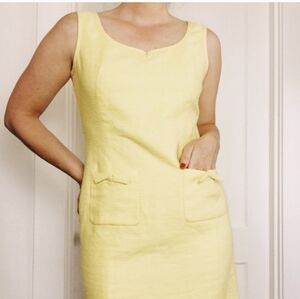 NWT Talbots Linen Cotton Sheath Dress Sleeveless Bow Detail Front Pockets Yellow
